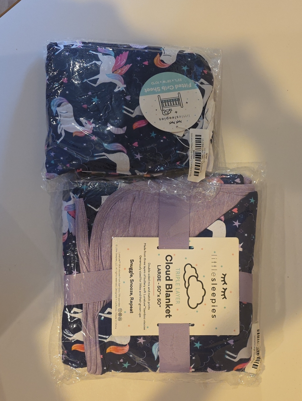 Little Sleepies Unicorn Cloud Blanket & Crib Sheet Set - Purple & Navy